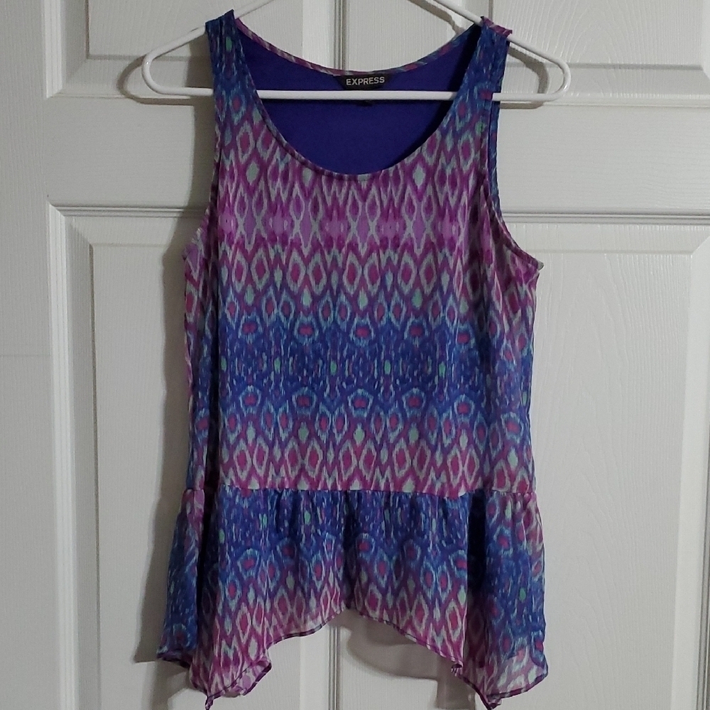 Express Purple Tank Top with Asymmetrical Hem and Colorful Pattern Size Small